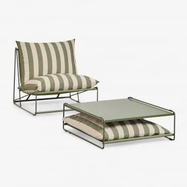 Conjunto De Jardim Com Poltrona E Mesa Auxiliar Conversível Amaro Tapioca Beige - Verde Azeitona Profundo - Sklum