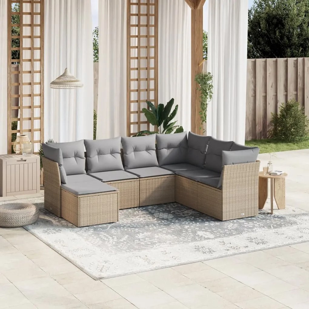 vidaXL 7 pcs conj. sofás jardim c/ almofadões vime PE bege misturado
