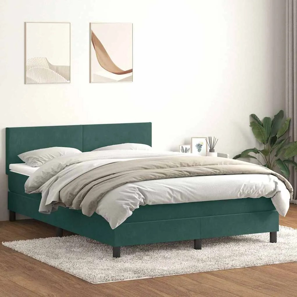 vidaXL Cama box spring c/ colchão e LED Verde Escuro 140x210 cm Veludo