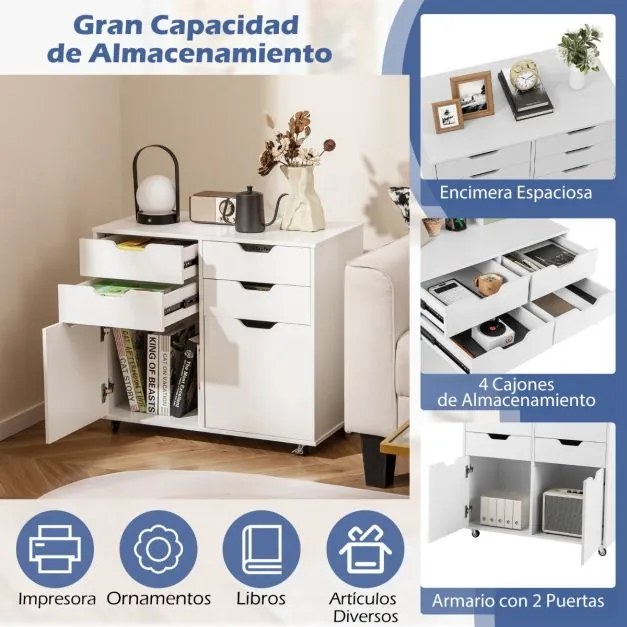 Armário de arrumação multifuncional 73 x 40 x 64,5 cm com 4 gavetas e 2 portas com 5 rodas sala, quarto, escritório Branco