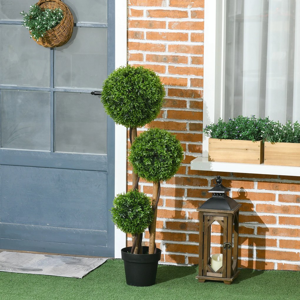 Árvore artificial de buxo altura 110 cm com 3 bolas de folhas de bambu, vaso incluído, para interior e exterior, verde