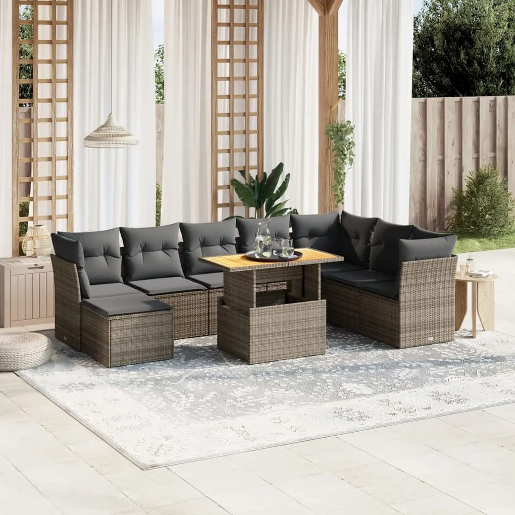 9 pcs conjunto sofás p/ jardim com almofadões vime PE cinzento
