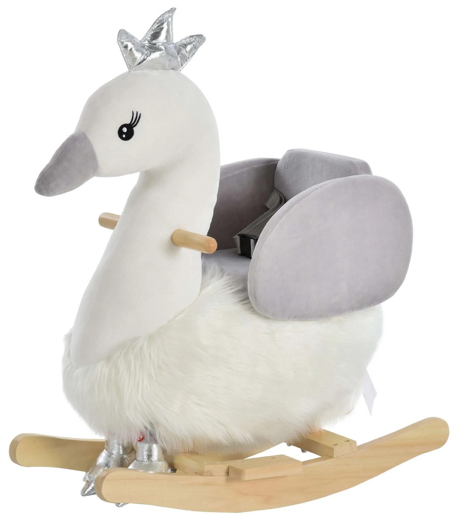 HOMCOM Cavalo de balanço para bebê acima de 18 meses com forma de cisne Sons Apoio para os pés e cinto 60x33x59 cm Branco e cinza