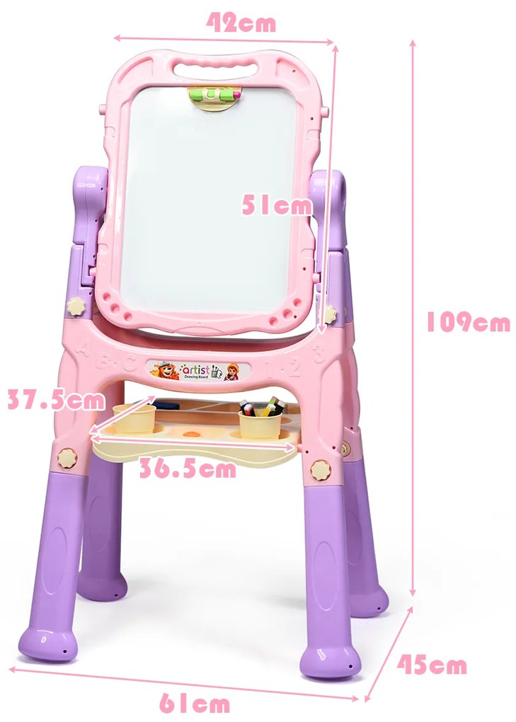 Mesa de Desenho Quadro Preto e Branco para Crianças Conjunto de Desenho Magnético Ajustável e Rotativo 360° Conjunto de Desenho Magnético Portátil Rosa