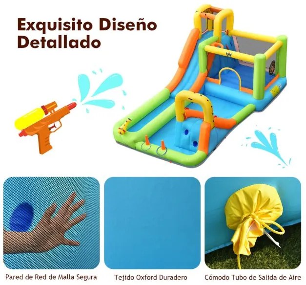 Parque aquático insuflável com soprador, escorrega, cesto de basquetebol, lançamento de anéis e parede de escalada 503 x 290 x 216 cm Multicolorido