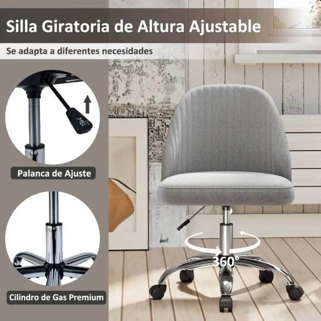 Cadeira de escritório moderna sem braços giratória, com encosto curvo e assento estofado com altura ajustável, cinza