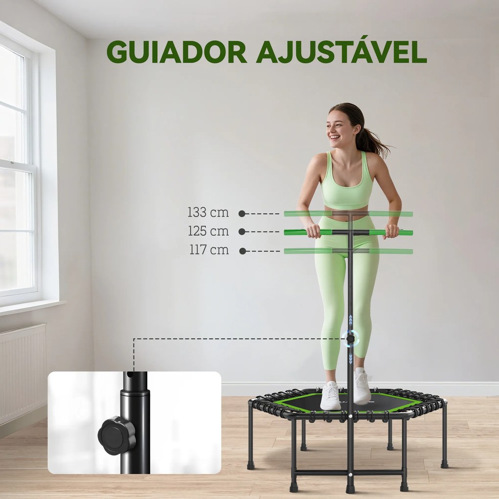 Trampolim Fitness 114x114x132 cm com Guiador Ajustável em 3 Níveis Estrutura de Aço para Treino de Perna Corpo Verde