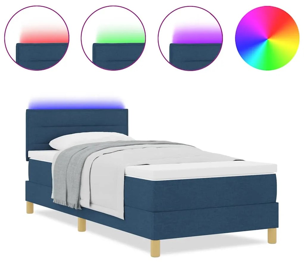 Cama com Caixa de Molas com Colchão &amp; LED Azul 100x200 cm Tecido