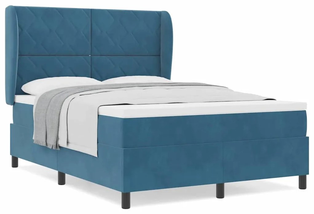 Cama Box com Colchão Azul Escuro 140x190 cm em Veludo