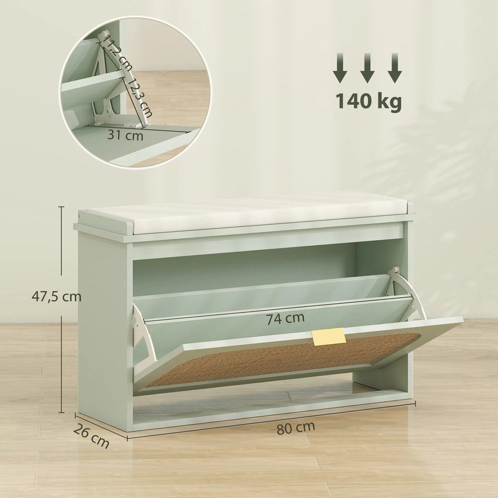 Sapateira 80 x 26 x 47,5 cm, banco com arrumação, assento almofadado, gaveta rebatível, porta em rattan, verde