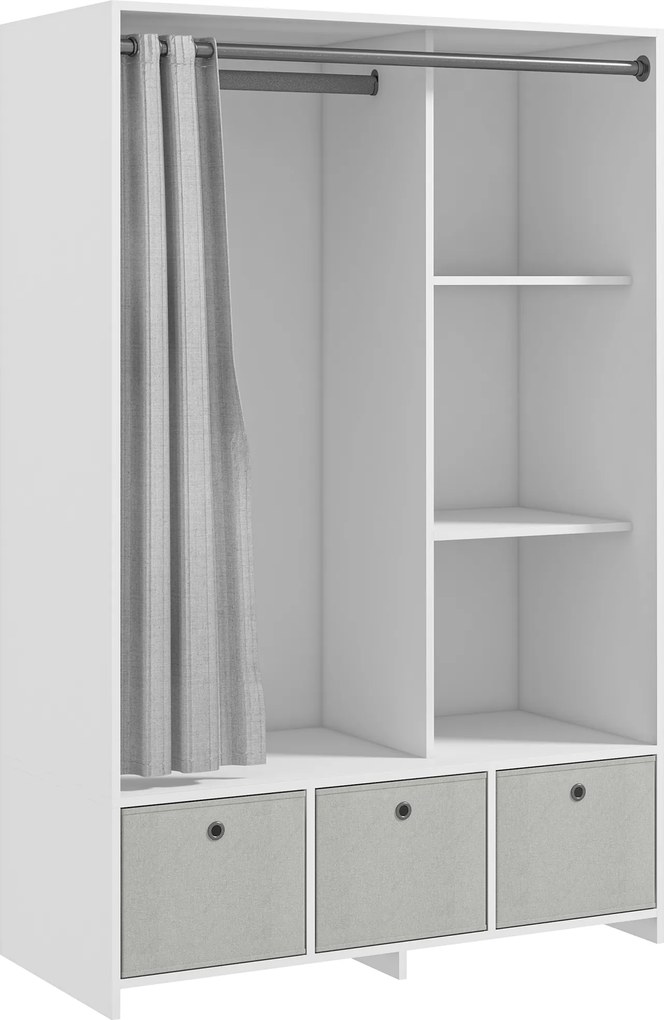 Guarda-roupa com varão para cortinas e 3 gavetas de tecido removíveis, 105 x 48 x 160 cm, branco