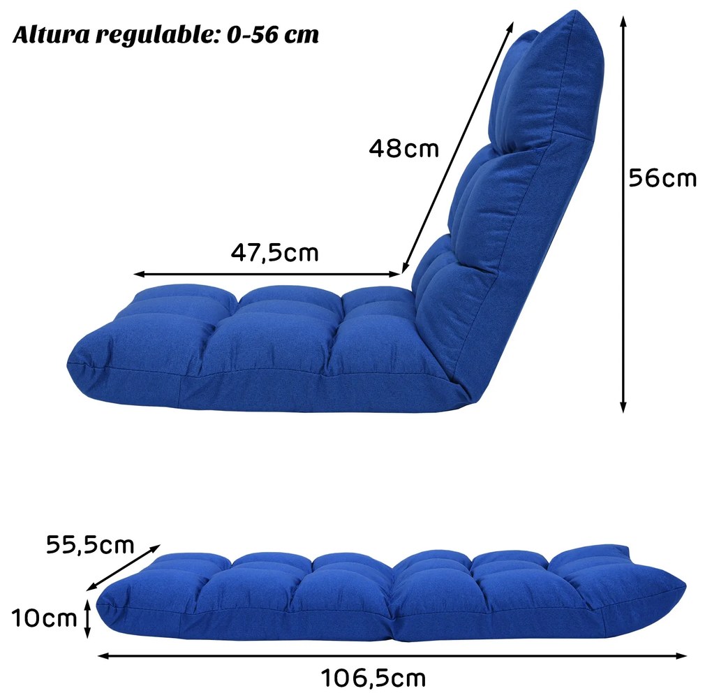 Sofá Dobrável Sofá Flush Cadeira Macia com 14 Posições Ajustáveis para Sala de Estúdio 106,5 x 55,5 x 10 cm Azul
