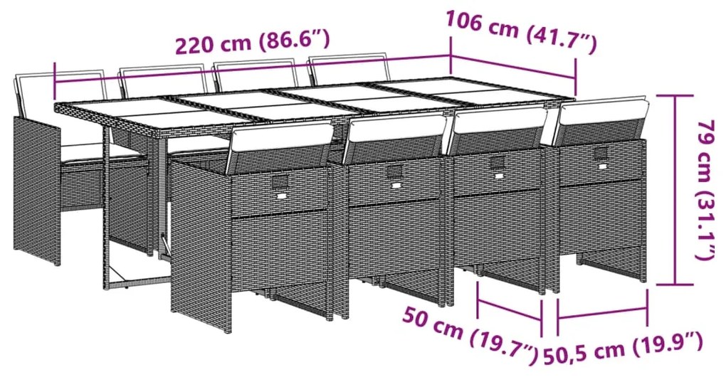 9 pcs conjunto de jantar p/ jardim c/ almofadões vime PE cinza