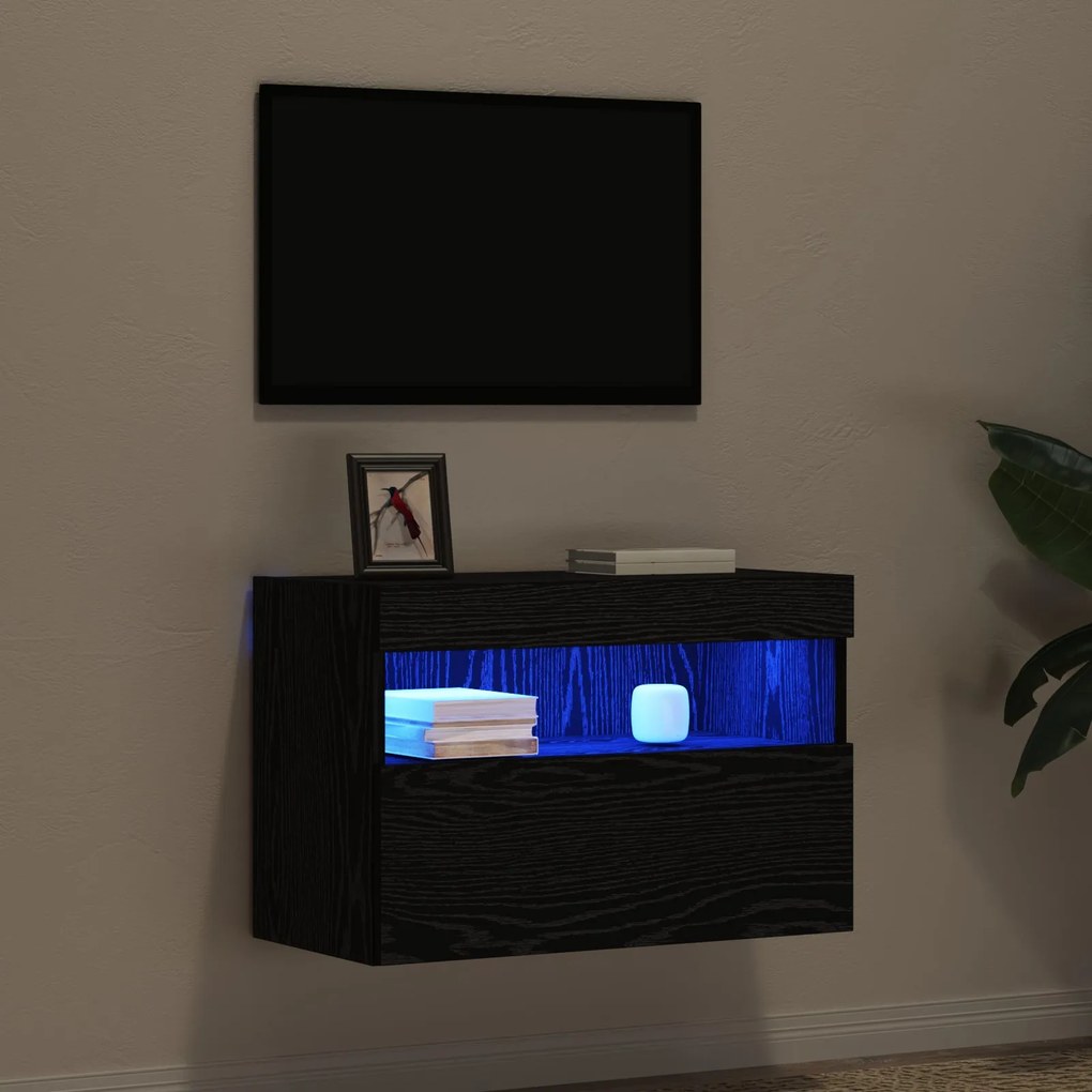 Cabinet de TV vidaXL com Luzes LED Carvalho Preto 60x30x40 cm