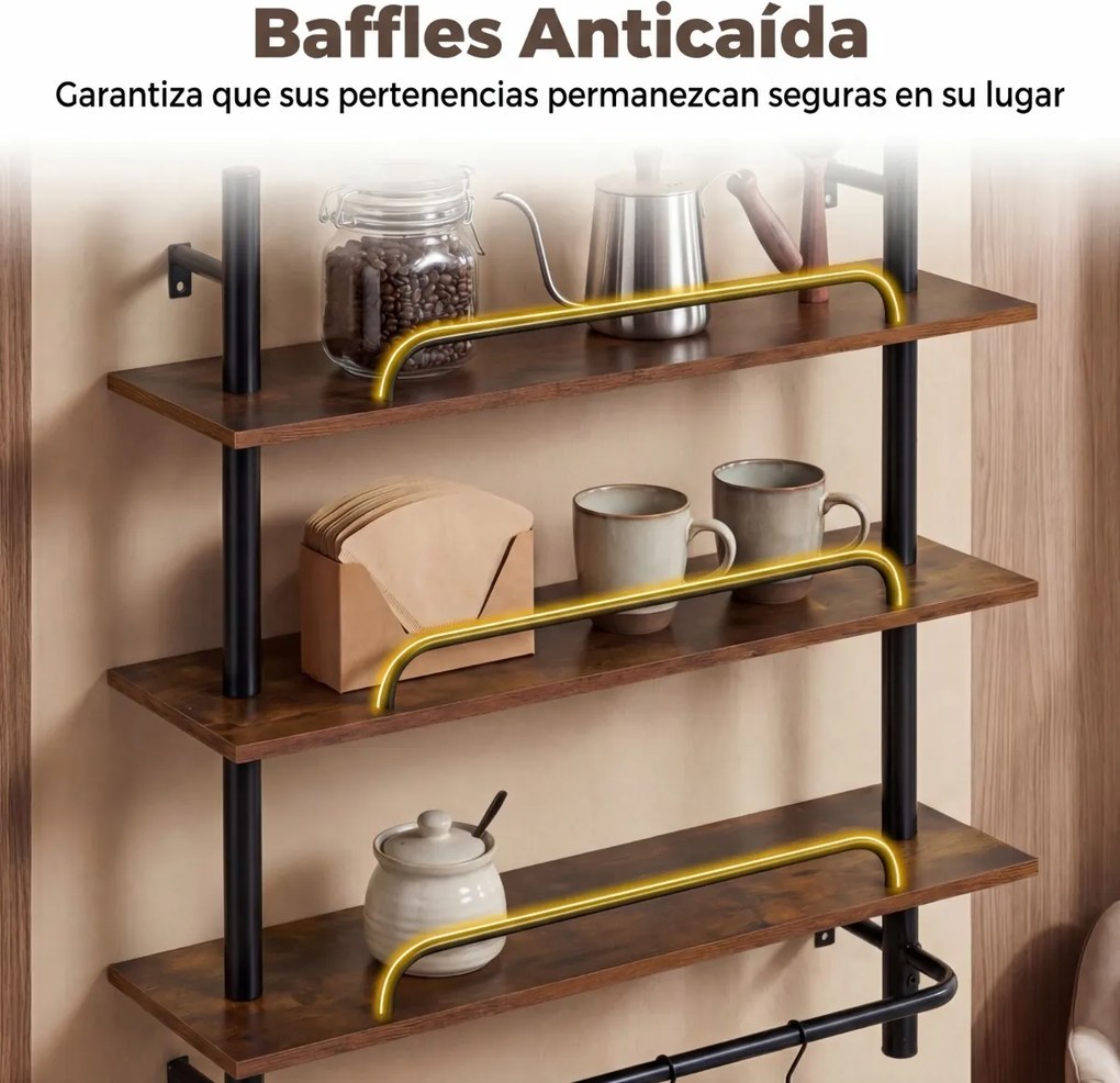 Prateleira suspensa de parede em tubos industriais 80,5 x 24 x 97 cm, com 3 níveis e 4 ganchos em forma de S, em Castanho rústico