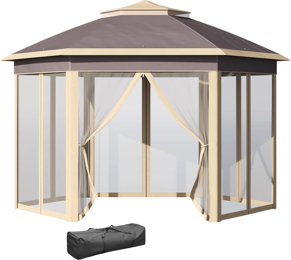 Outsunny Tenda Dobrável 4,05x3,4x2,85 m Tenda de Jardim Hexagonal com 6 Mosquiteiras Amovíveis e Altura Ajustável Bege | Aosom Portugal