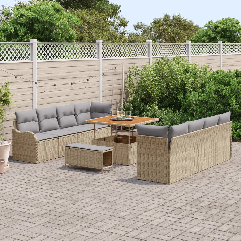 Conjunto de Sofá de Jardim vidaXL 11 Peças com Almofadas Bege Rattan P