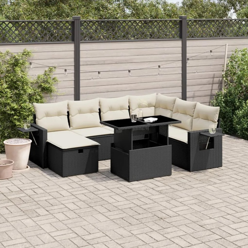 8 pcs conjunto sofás de jardim com almofadões vime PE preto
