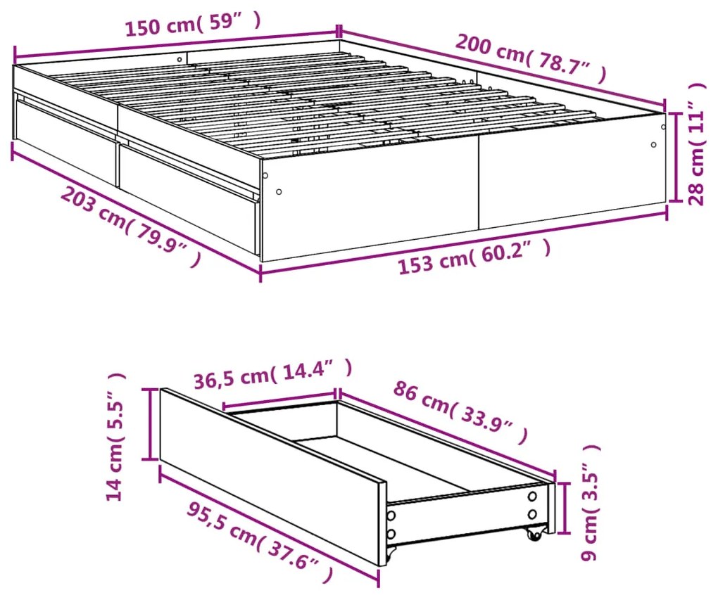 Estrutura de cama c/ gavetas 150x200cm derivados madeira branco