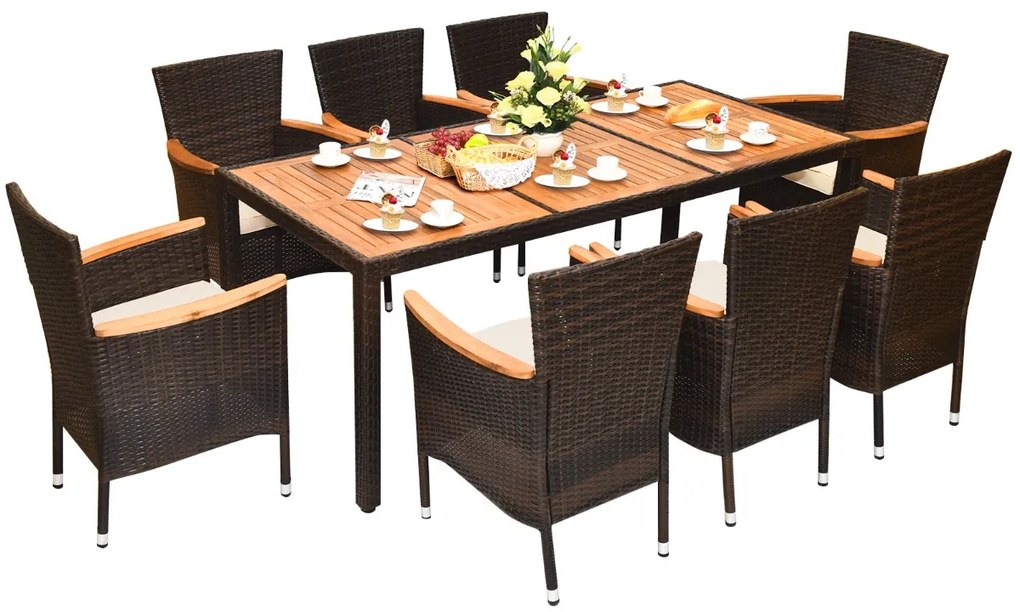 Conjunto de Jardim de 9 peças para 8 pessoas com tampo de mesa em acácia e almofadas amovíveis Castanho