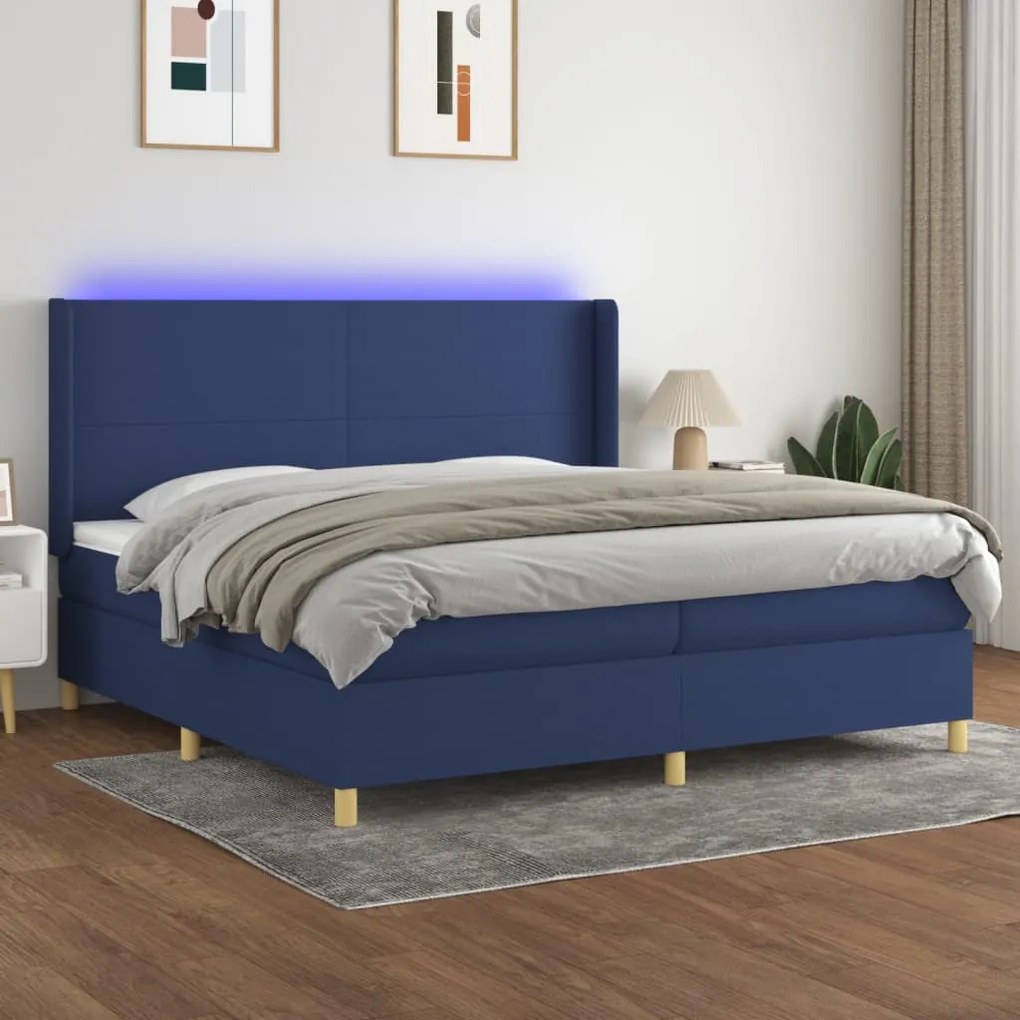 vidaXL Cama box spring c/ colchão e LED 200x200 cm tecido azul