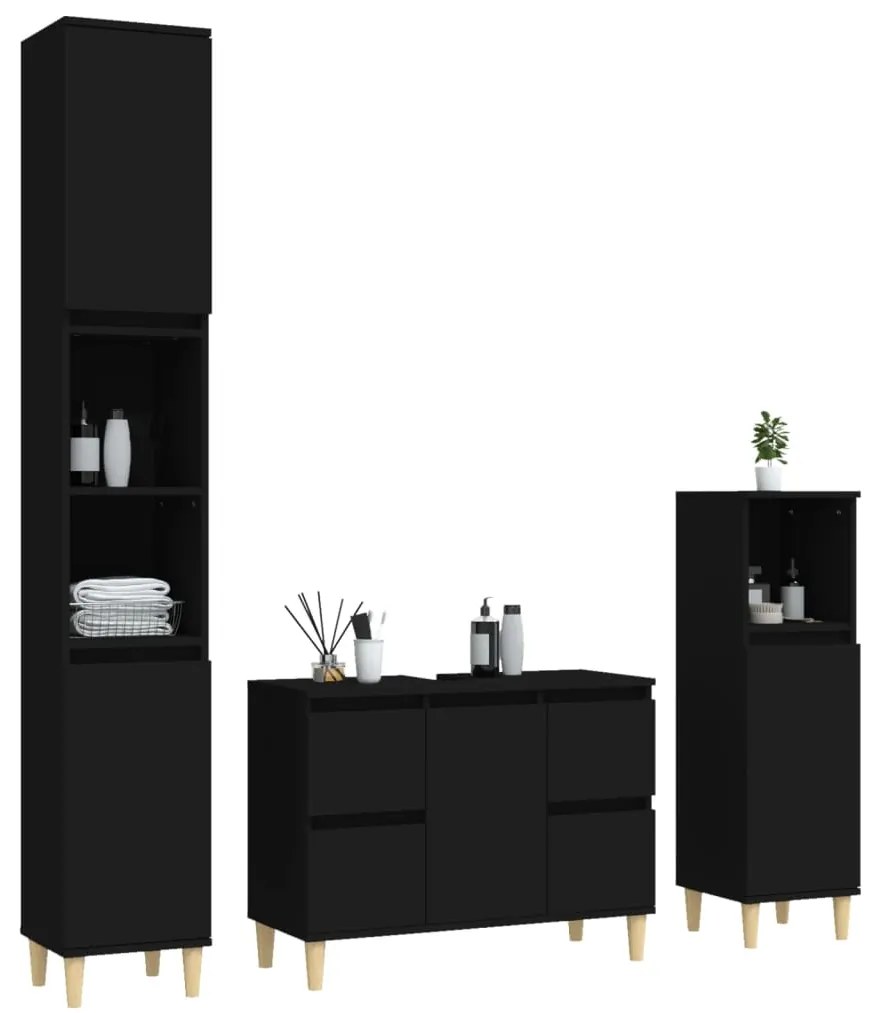 3 pcs conjunto móveis casa de banho derivados de madeira preto