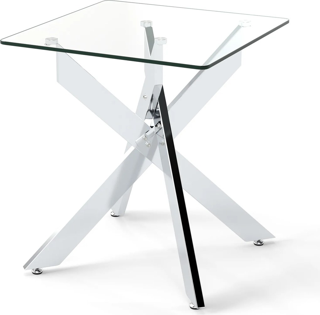 Mesa apoio de vidro 50 x 50 x 57 cm com tampo temperado e base metálica em X moderna para quarto ou sala de estar, prateada