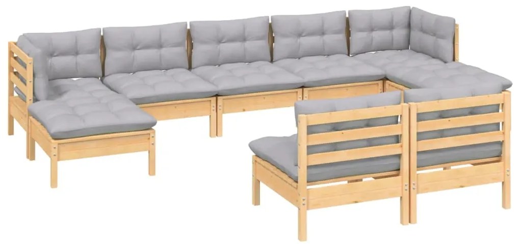 9 pcs conjunto lounge de jardim c/ almofadões cinzentos pinho