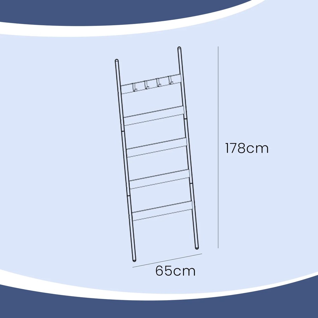 Porta toalhas toalheiro ou cabideiro forma escada com 5 níveis 65 x 178 cm castanho rústico e preto