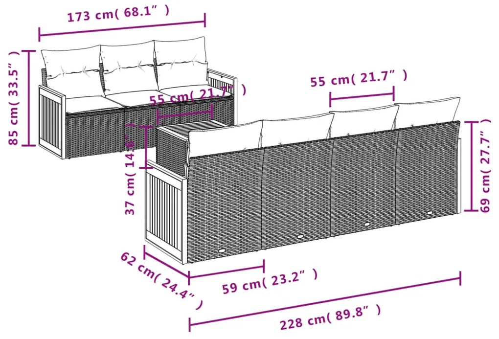 8 pcs conjunto sofás de jardim com almofadões vime PE preto