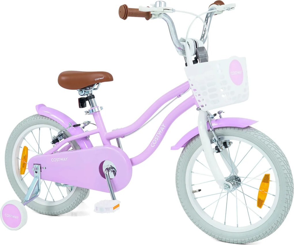 Bicicleta Infantil para Menina 4-7 Anos, 114,5 x 56 x 71,5-77 cm, Rodas de Apoio Removíveis, Roxo
