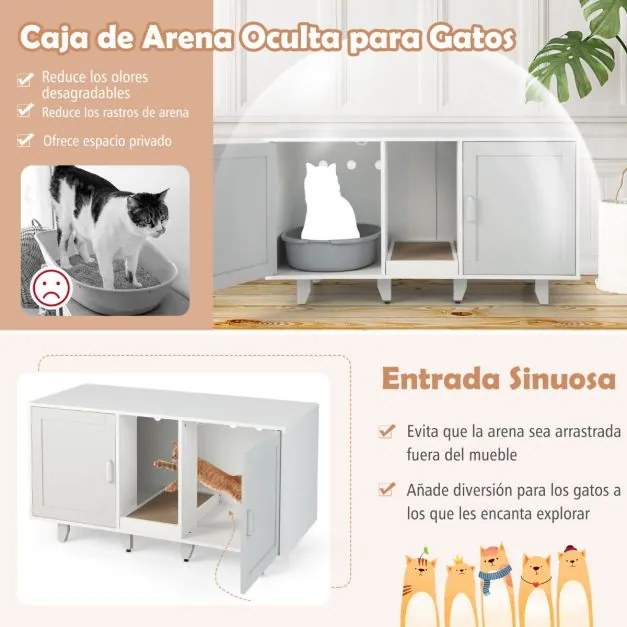 Movel para caixa areia para gatos com tábua de raspar escondida para a casa de banho e pernas de madeira amovíveis 120 x 52 x 65 cm Cinzento