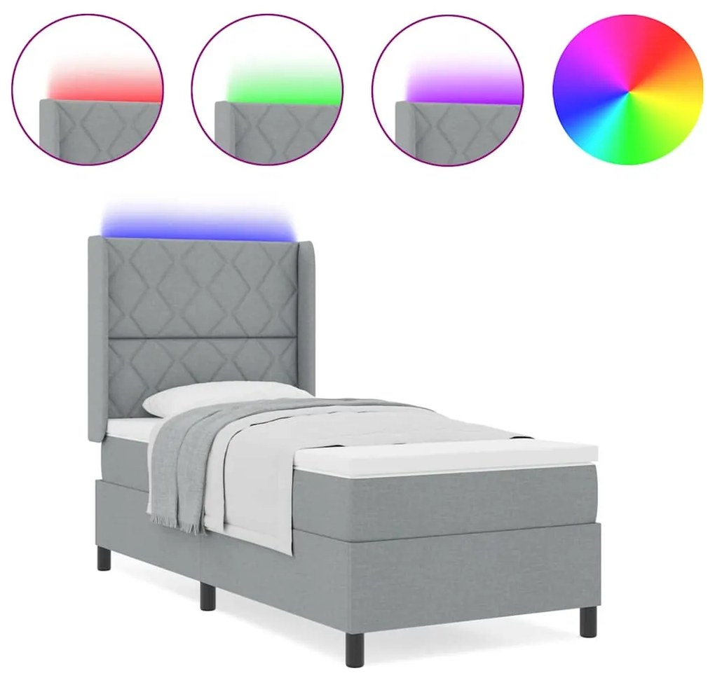 Cama Box com Colchão e LED Cinza Claro 90x200 cm