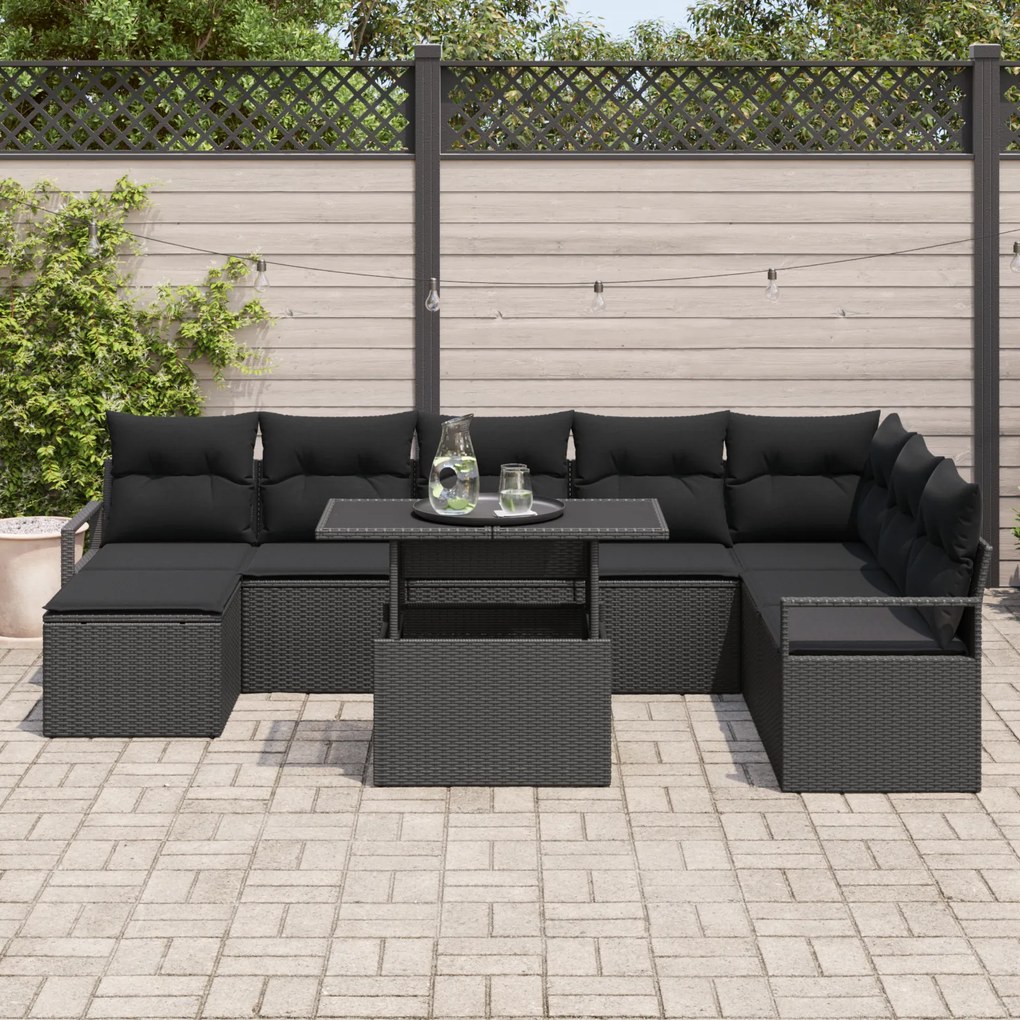 Conjunto de Sofá de Jardim vidaXL 9 Peças com Almofadas Preto Vime Pol