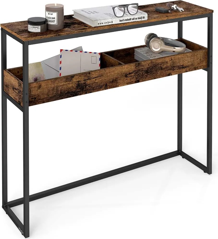 Mesa consola estreita com dois níveis e compartimentos semiabertos 24 x 100 x 80 cm Castanho vintage + Preto