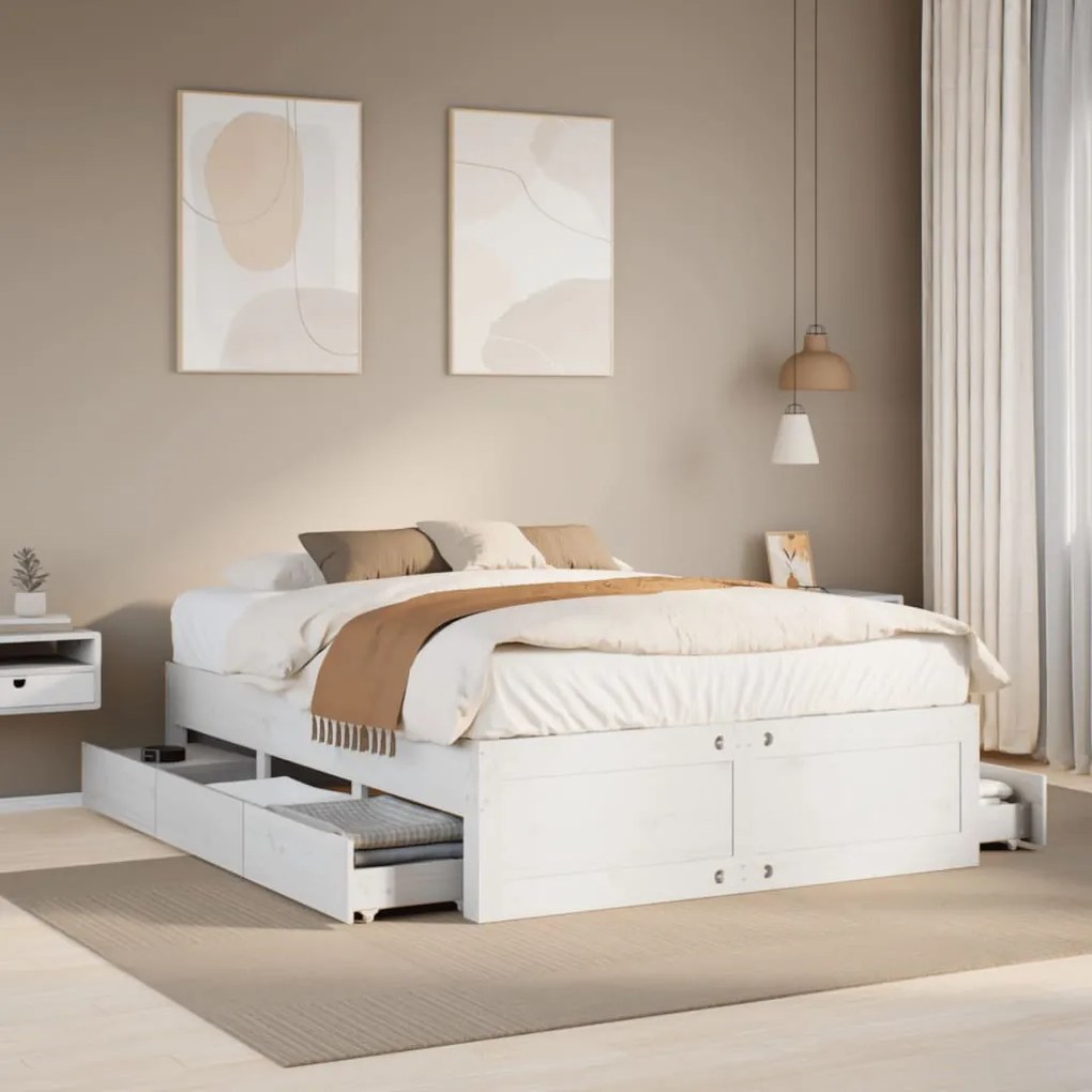 Cama sem colchão com gavetas 140x200 cm pinho maciço branco