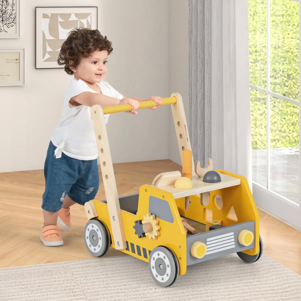 Andador de empurrar em madeira 2 em 1 para bebés e crianças com velocidade ajustável e armazenamento Brinquedos Montessori Amarelo