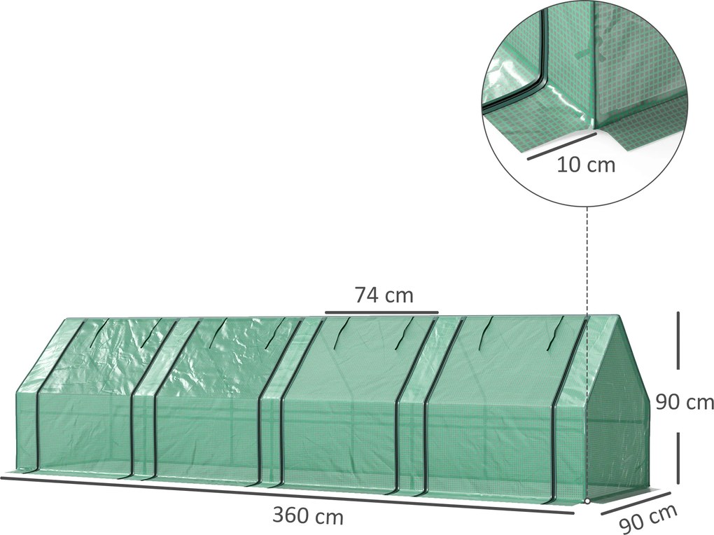 Mini-estufa de jardim 360 x 90 x 90 cm, mini-estufa em túnel com 4 janelas com fecho de correr, aço, PE 140 g/m², proteção anti-UV, verde