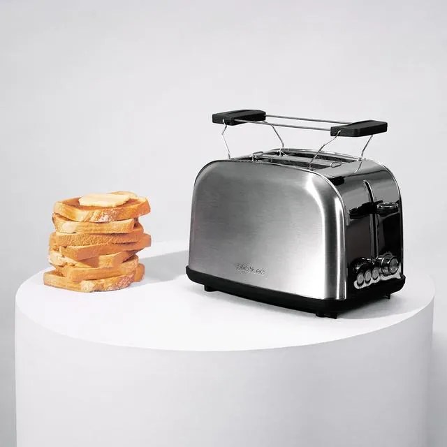 Torradeira vertical Toastin' time 850 Inox Steel com dupla ranhura curta e suporte para pão