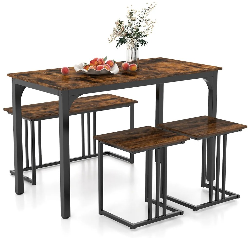 Conjunto de mesa de jantar de 4 peças com banco e 2 bancos com estrutura metálica Conjunto de móveis de cozinha industrial Castanho