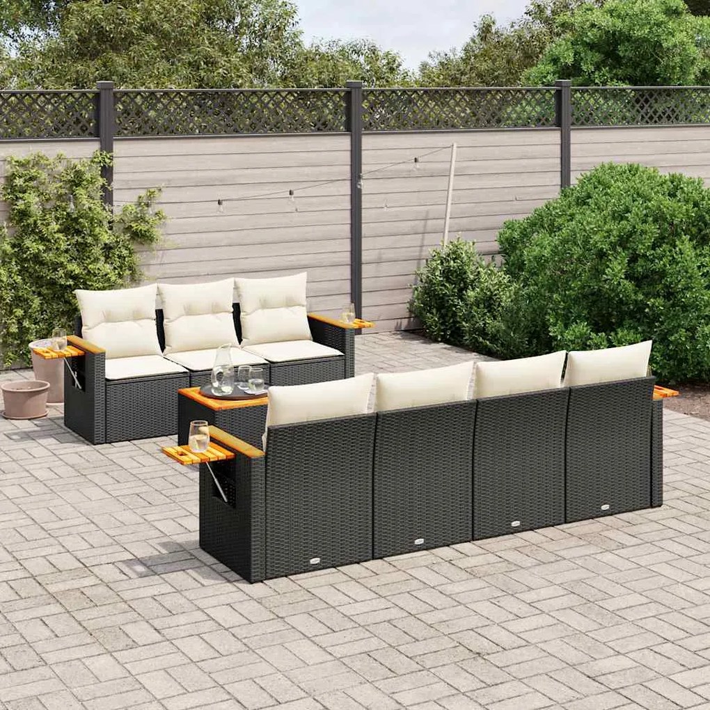 8 pcs conjunto sofás de jardim com almofadões vime PE preto