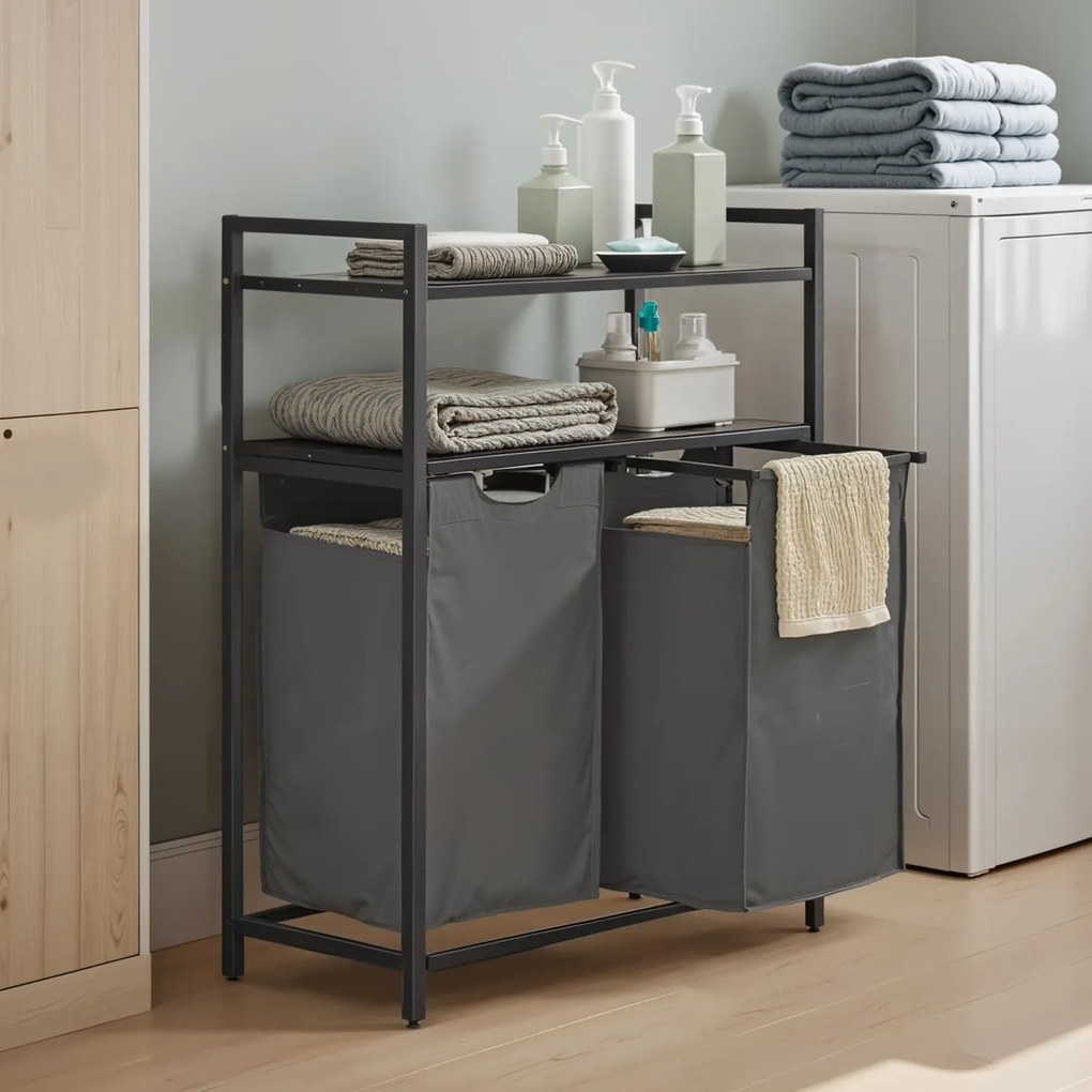 Cesto para roupa suja com 2 compartimentos com 2 prateleiras, saco removível e extraível 73 x 33 x 92 cm Preto + Cinza