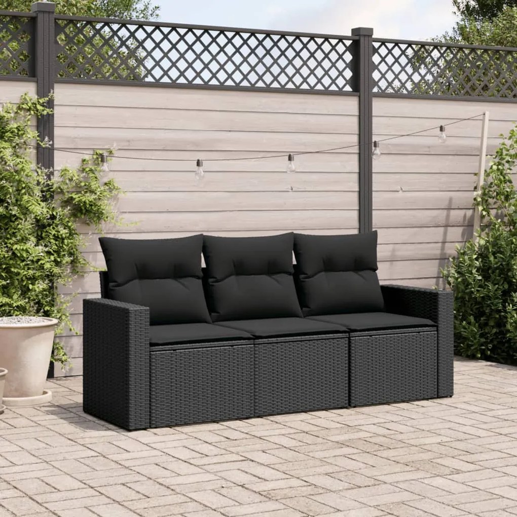 3 pcs conjunto sofás de jardim com almofadões vime PE preto