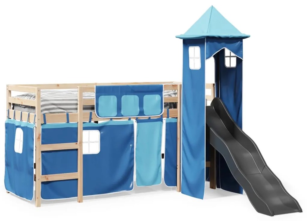 Cama alta para criança com torre 90x190 cm pinho maciço azul