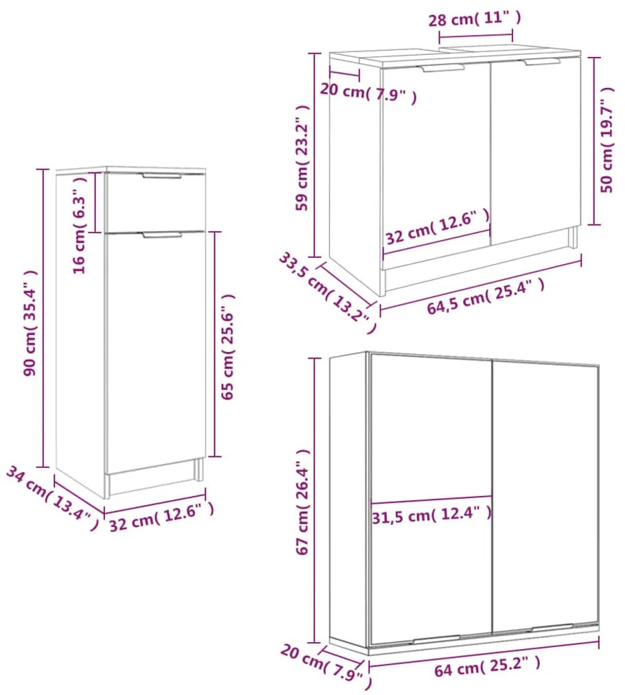 3 pcs conjunto móveis casa de banho madeira processada branco