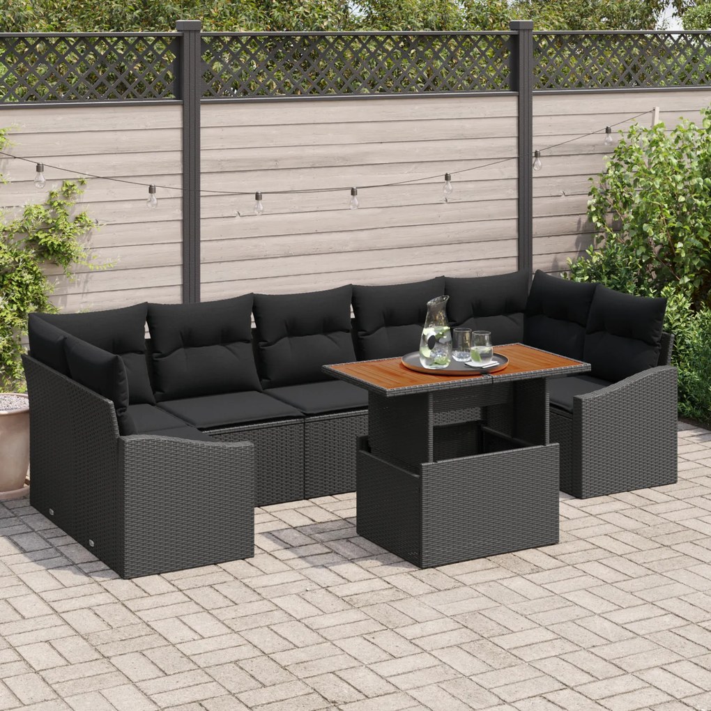 Conjunto de Sofá de Jardim de 8 Peças com Almofadas Preto Rattan Polié