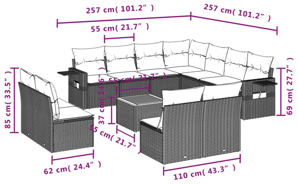 12 pcs conjunto de sofás de jardim c/ almofadões vime PE preto