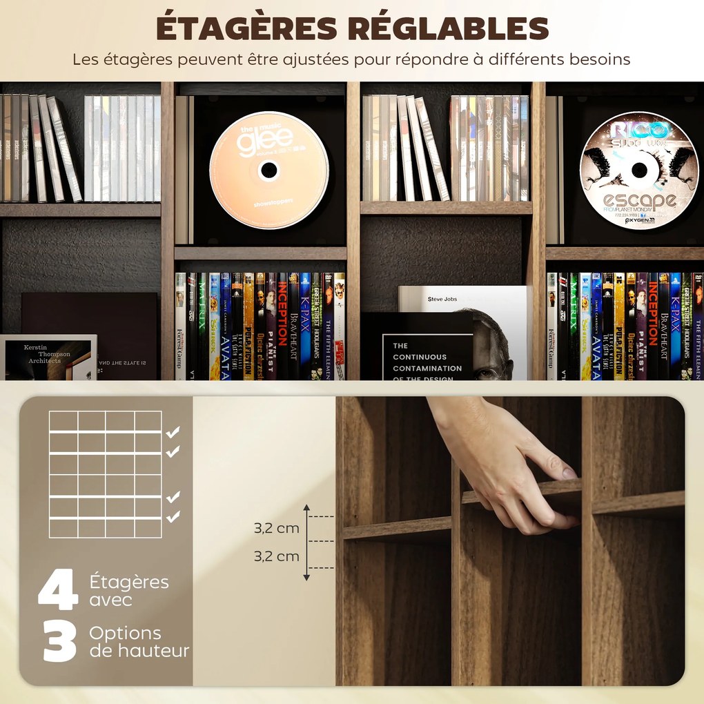 Móvel de Arrumação para CDs e DVDs, 89 x 20 x 130,5 cm, Prateleiras Ajustáveis, Castanho