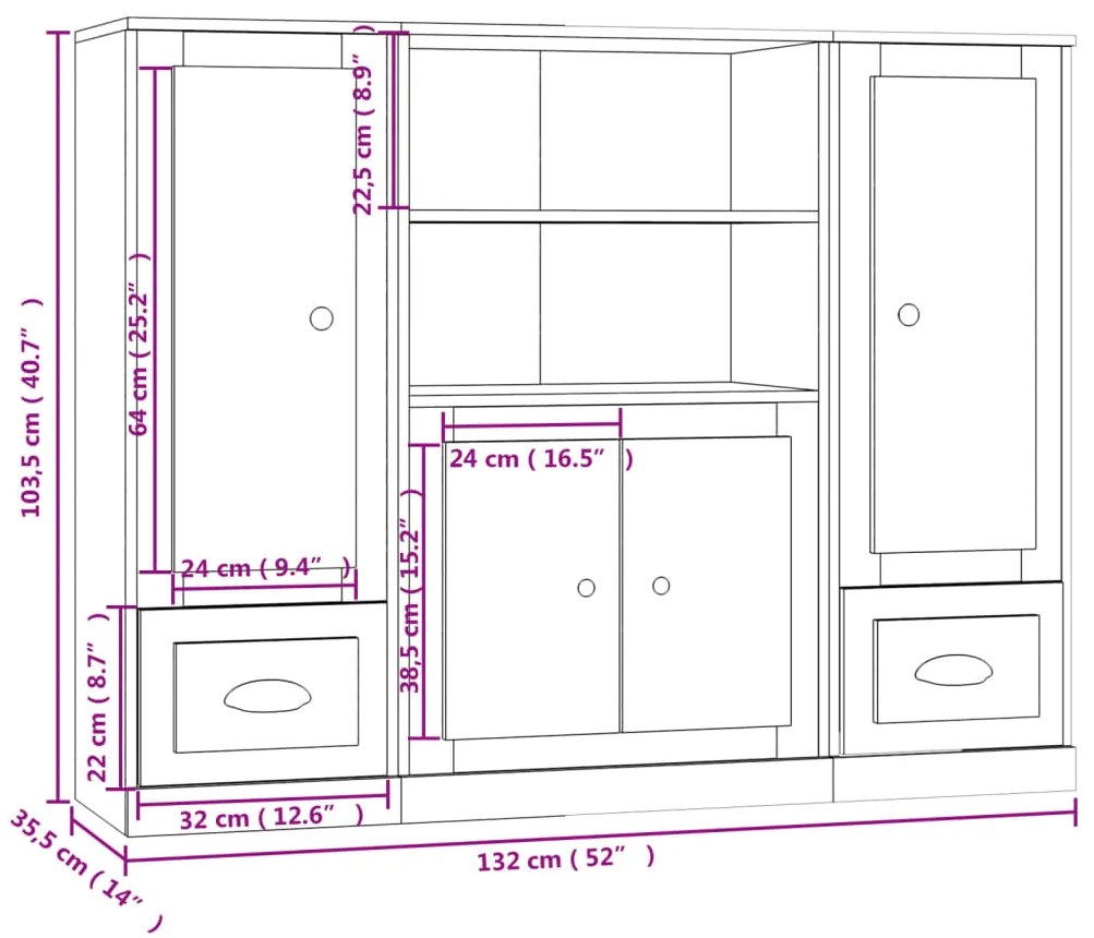 Aparadores altos 3 pcs derivados de madeira branco