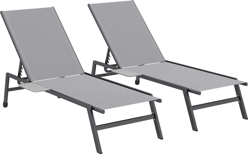 Outsunny Conjunto de 2 Espreguiçadeiras de Jardim com Encosto Ajustável em 5 Níveis, Mesa Lateral, 2 Rodas, Pés Antiderrapantes, Cinza | Aosom Portugal